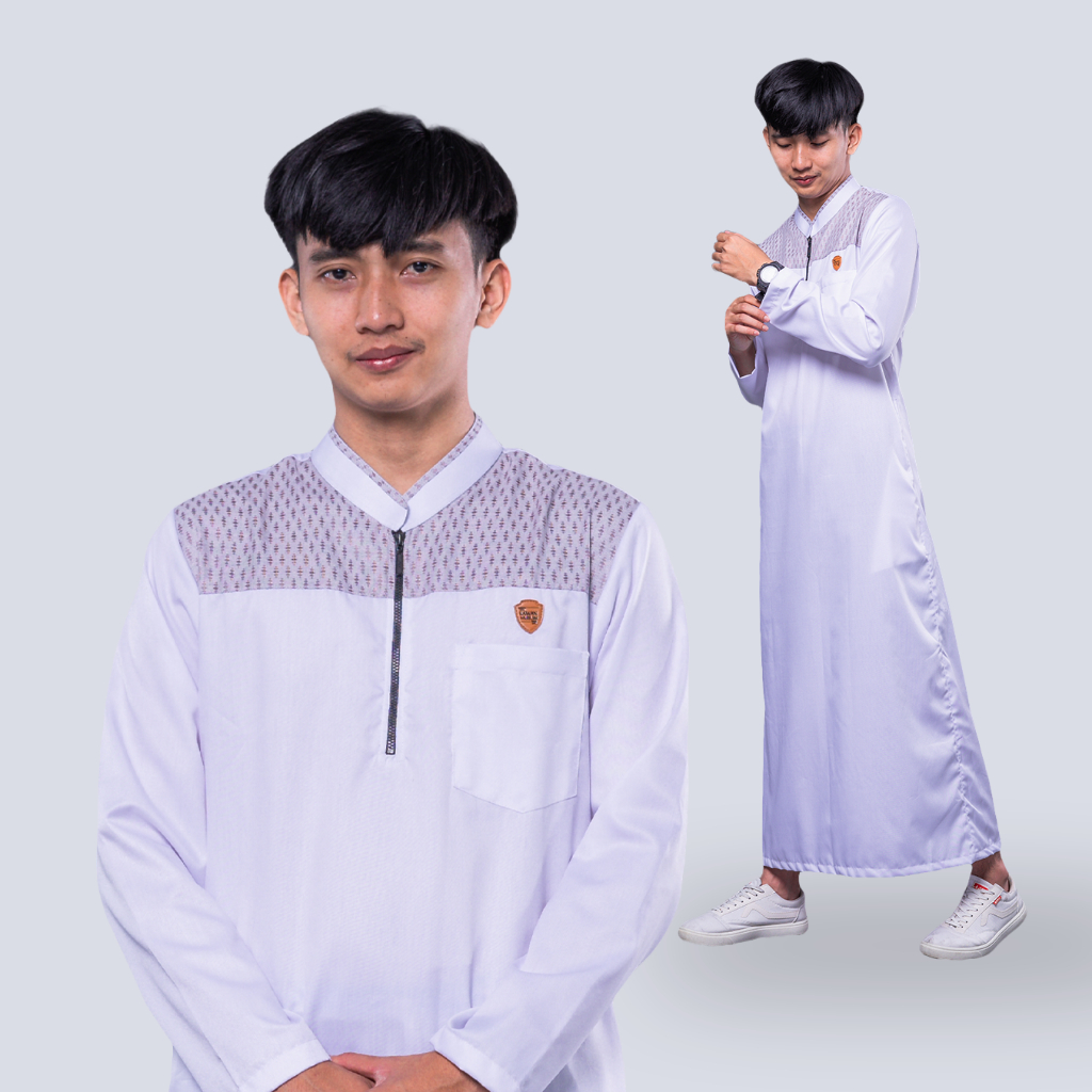Jubah Gamis Pria Dewasa Model Etnik Lengan Panjang Warna Putih Ukuran M