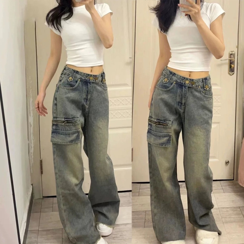 Biru retro Celana jeans wanita Premium Celana jeans lurus longgar ala Korea impor