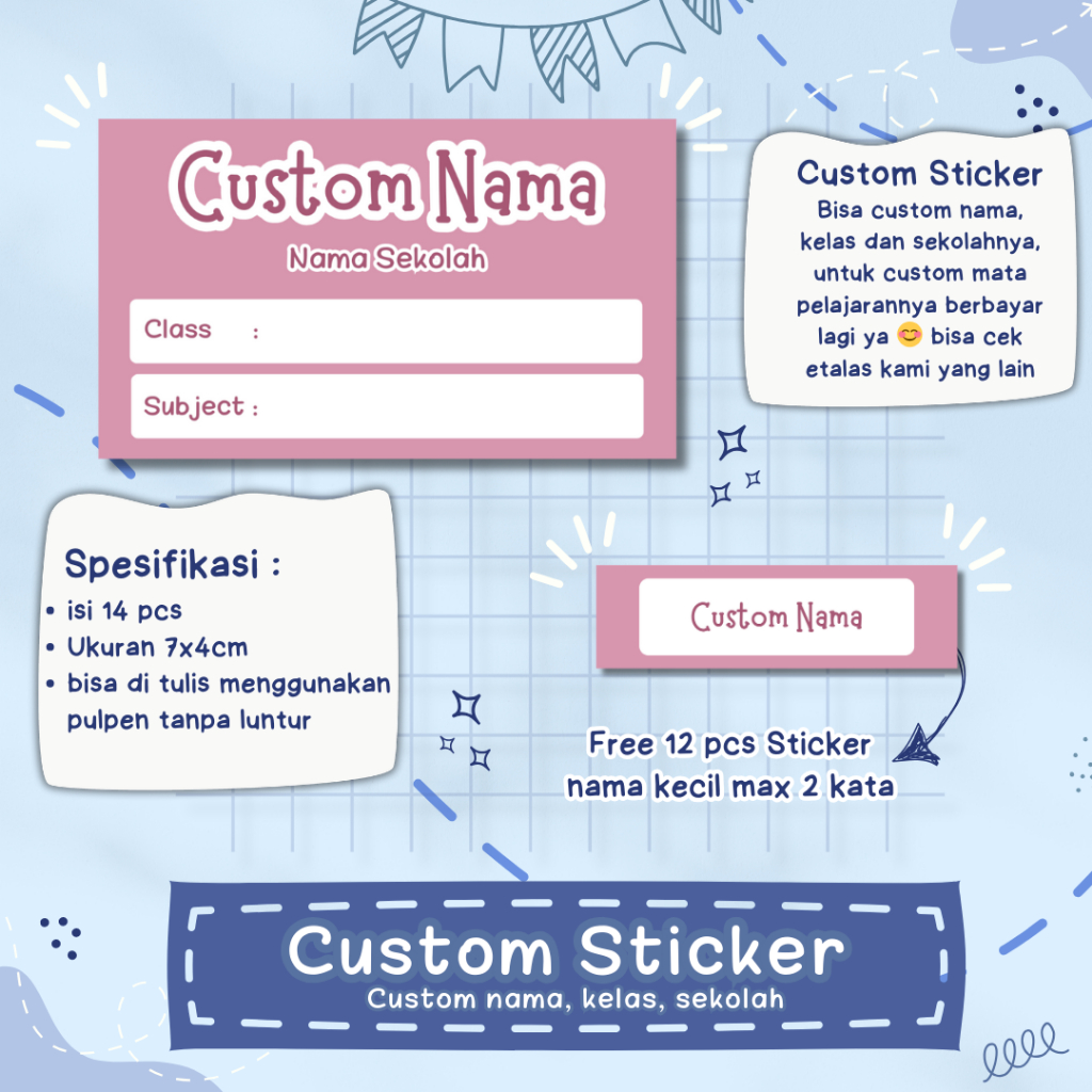 

14pcs Custom Sticker Nama Buku Label Mata Pelajaran Sekolah Anak Azura Kids Edisi Polos