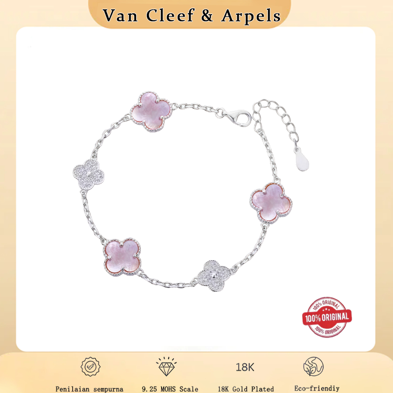 【VCA ASLI】Kalung Gelang Van Cleef Alhambra - Mutiara Pink + Berlian 18K White Gold ◇ Garansi Resmi ✧