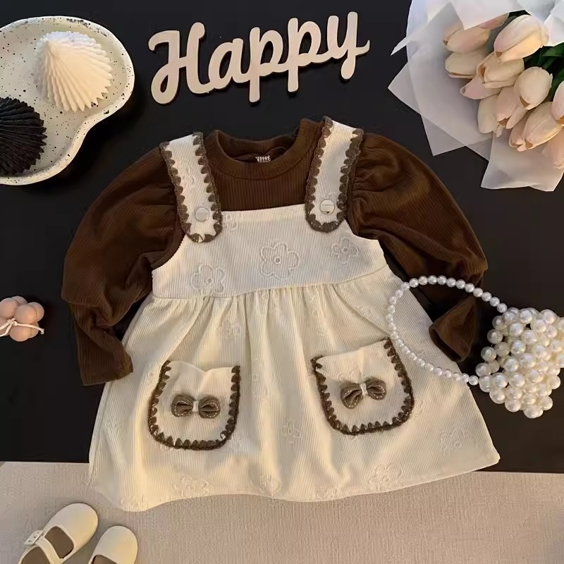 Dress Corduroy Anak Perempuan Model Dress 2in1 Baju Dalaman Polos Lengan Panjang Balon Mix Rok Jumps