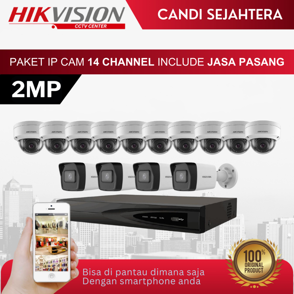 PAKET CCTV IP CAM HIKVISION 2MP 14 KAMERA + INSTALASI & ONLINE DI HP