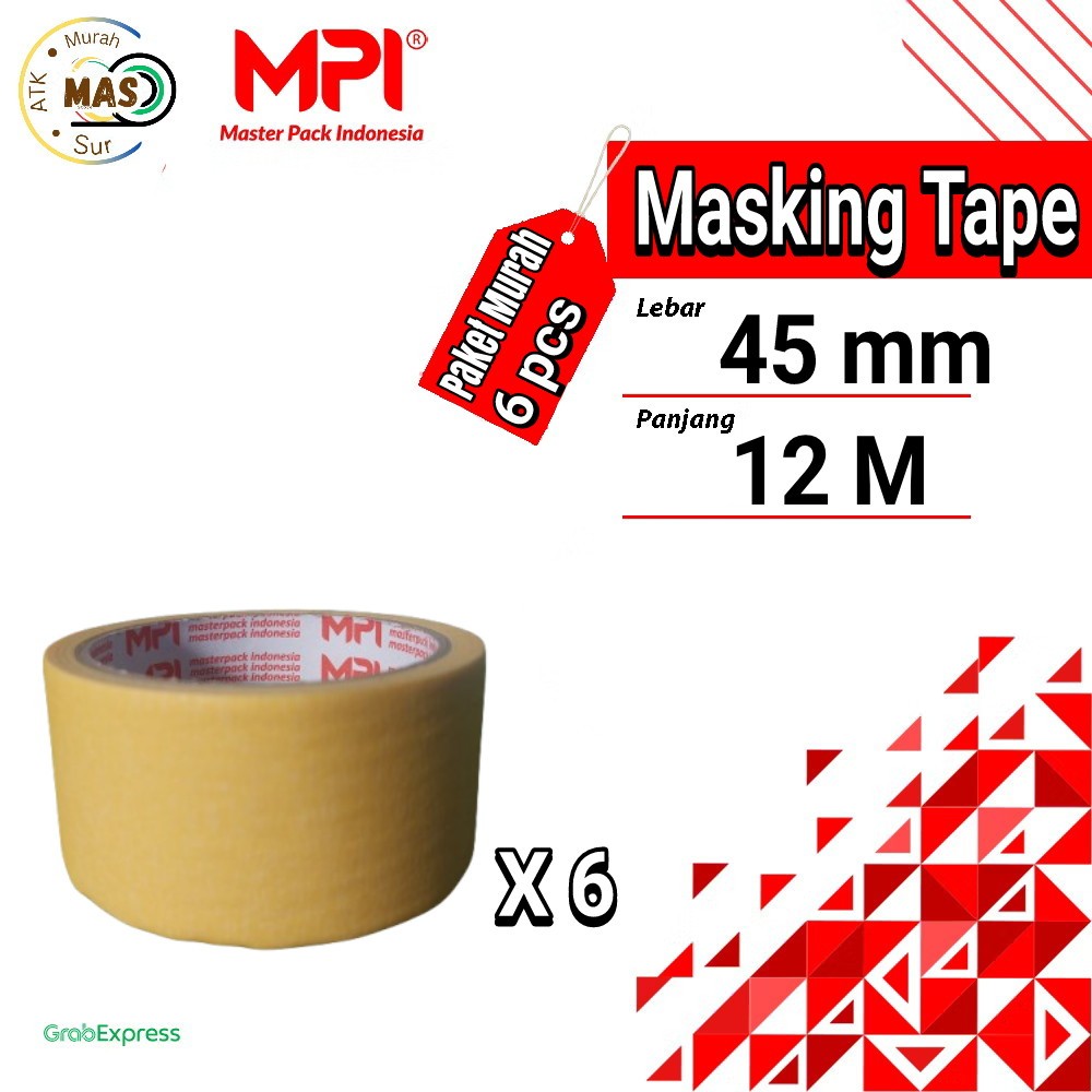 

6 pcs Masking Tape | Lakban Kertas Ukuran Lebar 45 mm x Panjang 12 m Merek MPI Anti Bocor