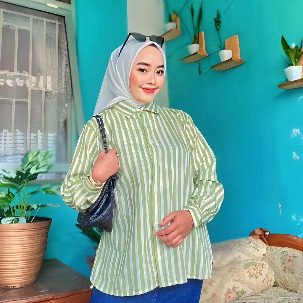 Baju Atasan Kemeja Wanita Motif Setrip Sage Green Lengan Panjang