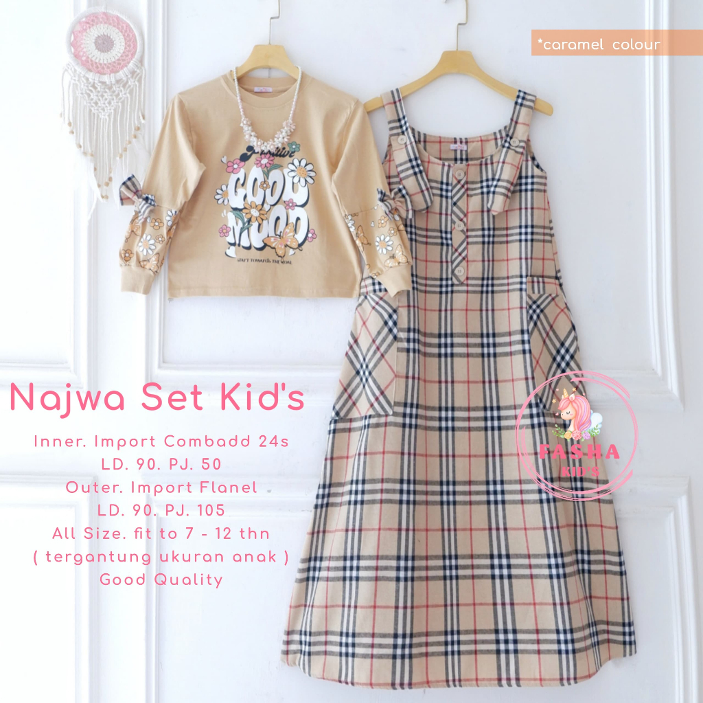 NAJWA SET KIDS - SETELAN BLOUSE OVERALL ANAK PEREMPUAN UMUR 7-12 TAHUN BAHAN COMBED MIX FLANEL KEKIN