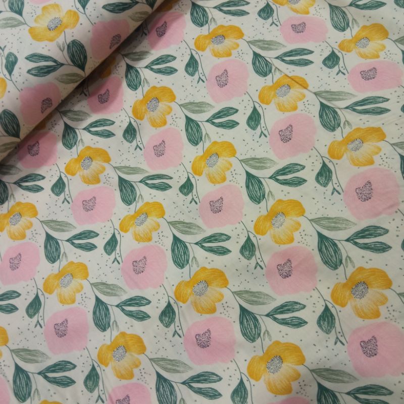 KAIN KATUN RAYON PREMIUM GARMENT BUNGA KUNING GREN PINK