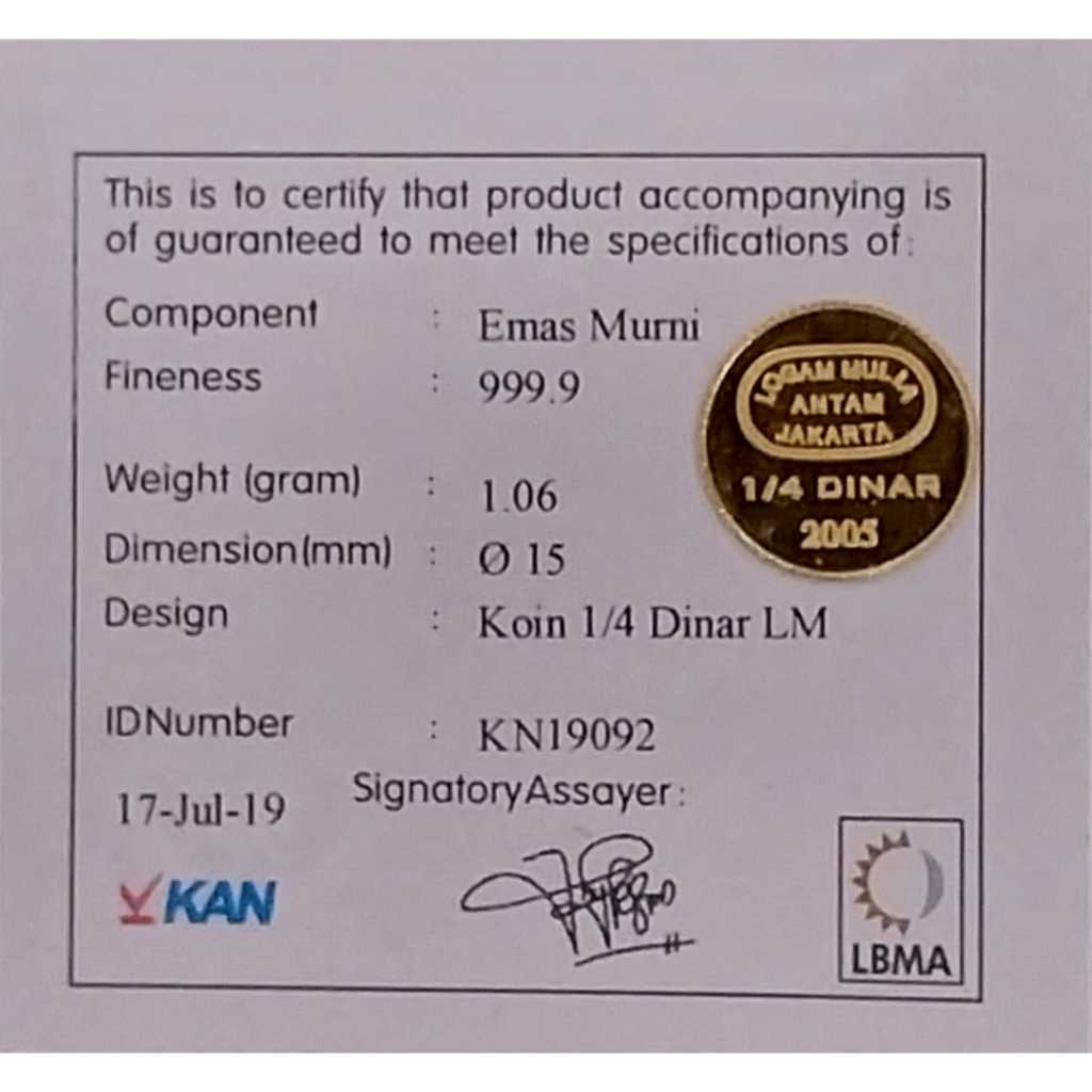 Logam Mulia Koin Dinar Antam 1/4 Dinar (1,06 gram) AU 999.9