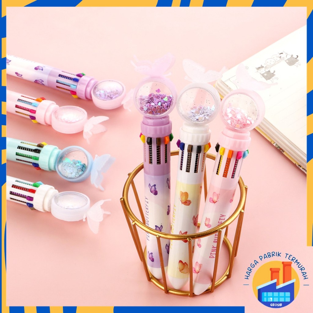 

HPT Pulpen Gliter Motif Kupu-Kupu Pulpen 10 Warna Aesthetic Pena Ballpoint Karakter Lucu