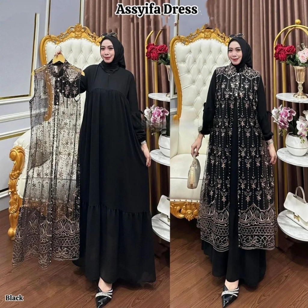 Assyifa Dress Gamis Brokat Syari Modern Elegan Terbaru 2025 Set Inner dan Outer