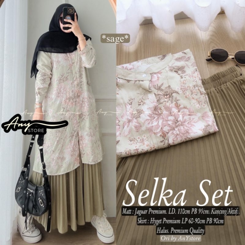 Set Tunik Bunga dan Rok Plisket • Set Kuliahan Sekolah Main Kantoran Wanita • Selka Set by ANY Store