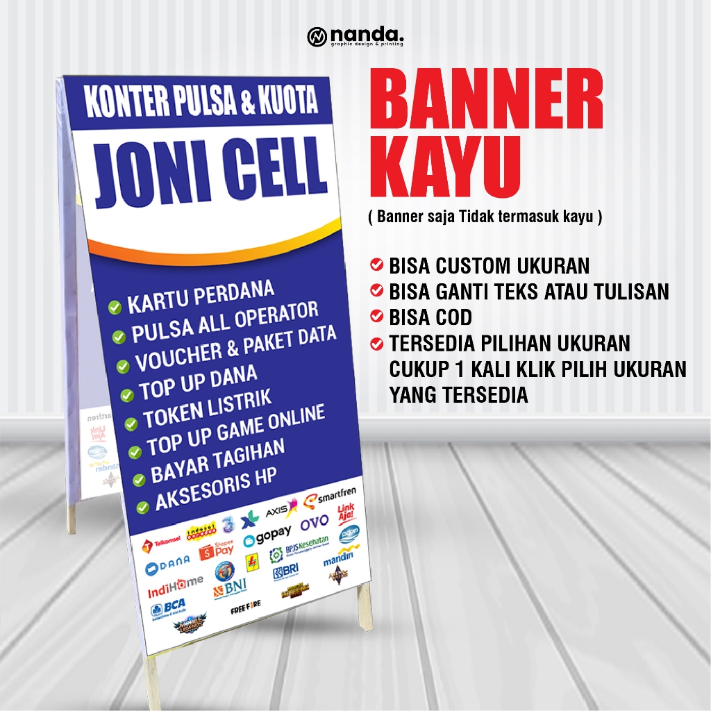 Cetak Banner Pulsa Spanduk Pulsa Kayu  - Banner Saja Belum Termasuk Kayu - Banner Berdiri - Desain B