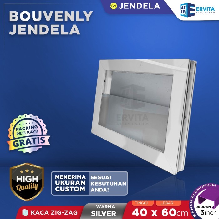 Kusen Jendela Aluminium - Bouven Jendela Kaca Zig Zag - Kamar Mandi - Ukuran 40 x 60 cm - Silver