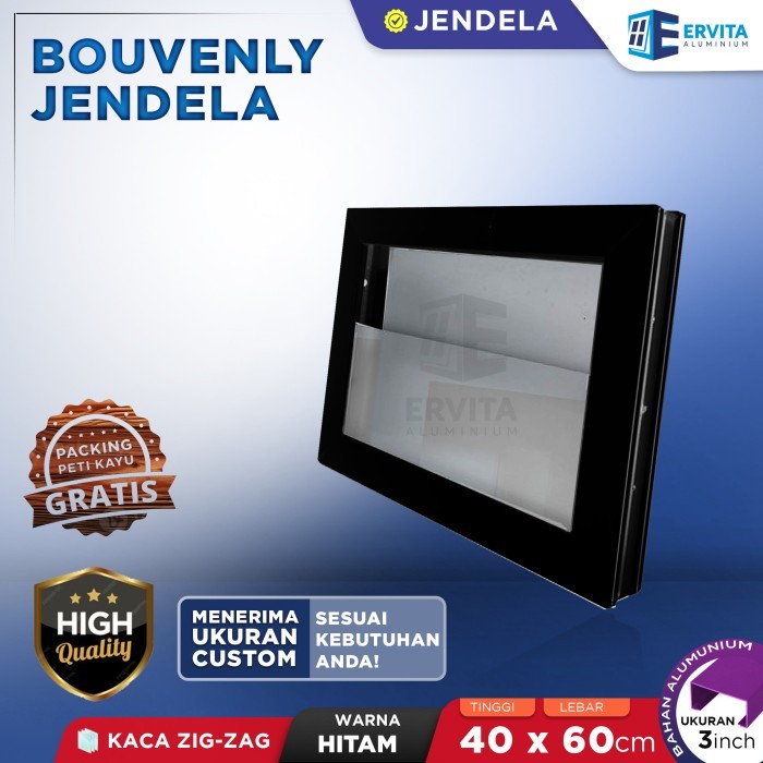 Kusen Jendela Aluminium - Bouven Jendela Kaca Zig Zag - Kamar Mandi - Ukuran 40 x 60 cm - Hitam