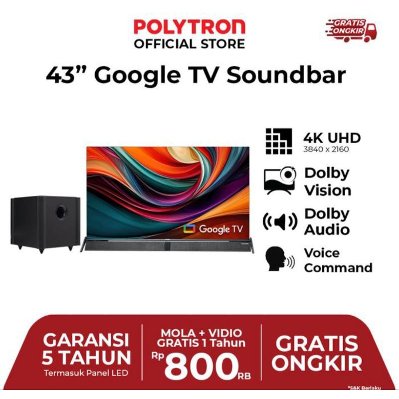 TV POLYTRON 43 INCH ANDROID 4K + SOUNDBAR 43BUG TV TV POLYTRON 43 INCH ANDROID GOOGLE TV 4K + SOUNDB