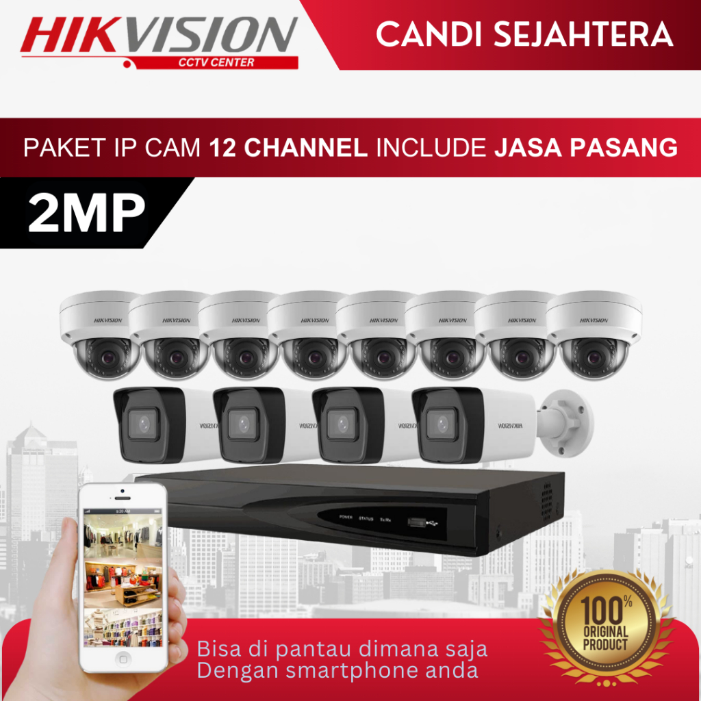 PAKET CCTV IP CAM HIKVISION 2MP 12 KAMERA + INSTALASI & ONLINE DI HP