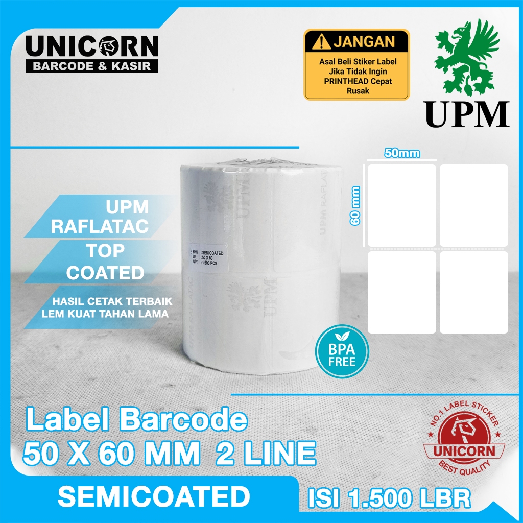 

Stiker Label Barcode Semicoat Semicoated 50x60 mm / 50 x 60 mm / 5x6 cm 2 Line