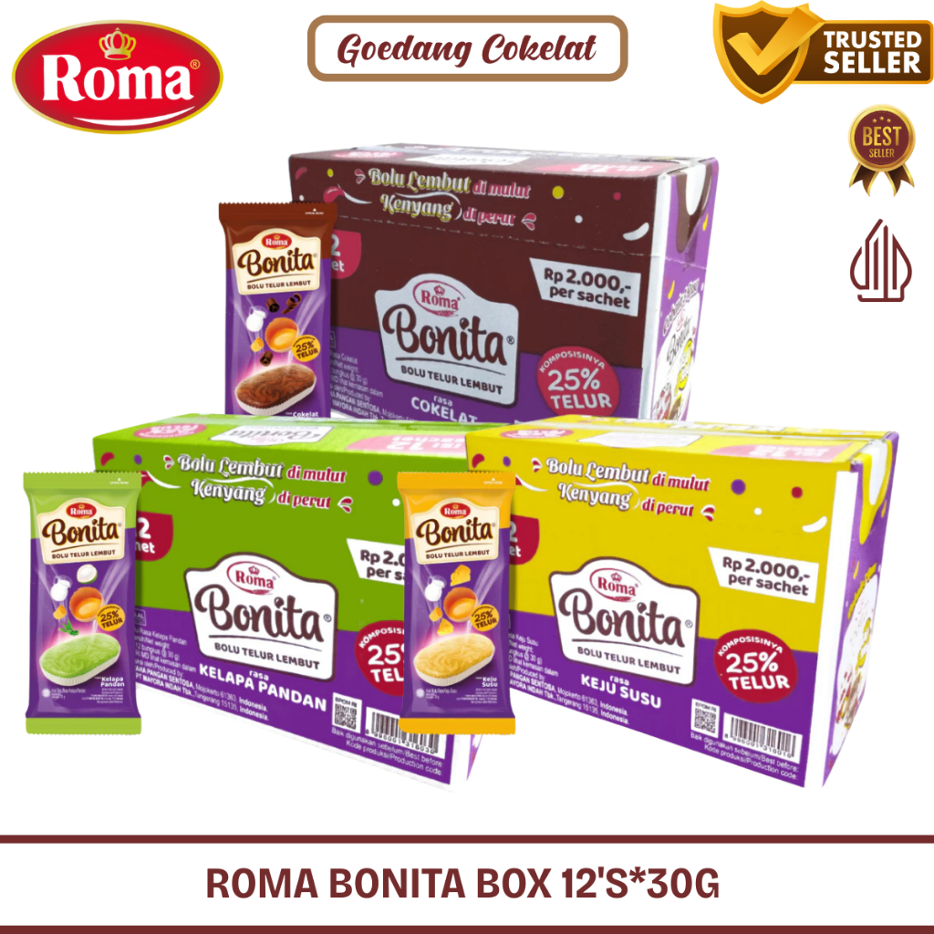 

Roma BONITA Bolu Telur Lembut Chocolate Cokelat Keju Susu Kelapa Pandan Kemasan Box 12pcs x 30g