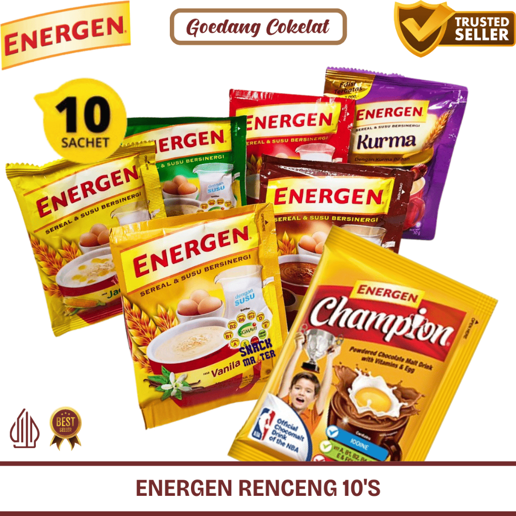 

ENERGEN Susu Sereal Coklat Vanilla Kacang Hijau Jahe Kurma Champion Aneka Rasa 1 Renceng Isi 10 Sachet