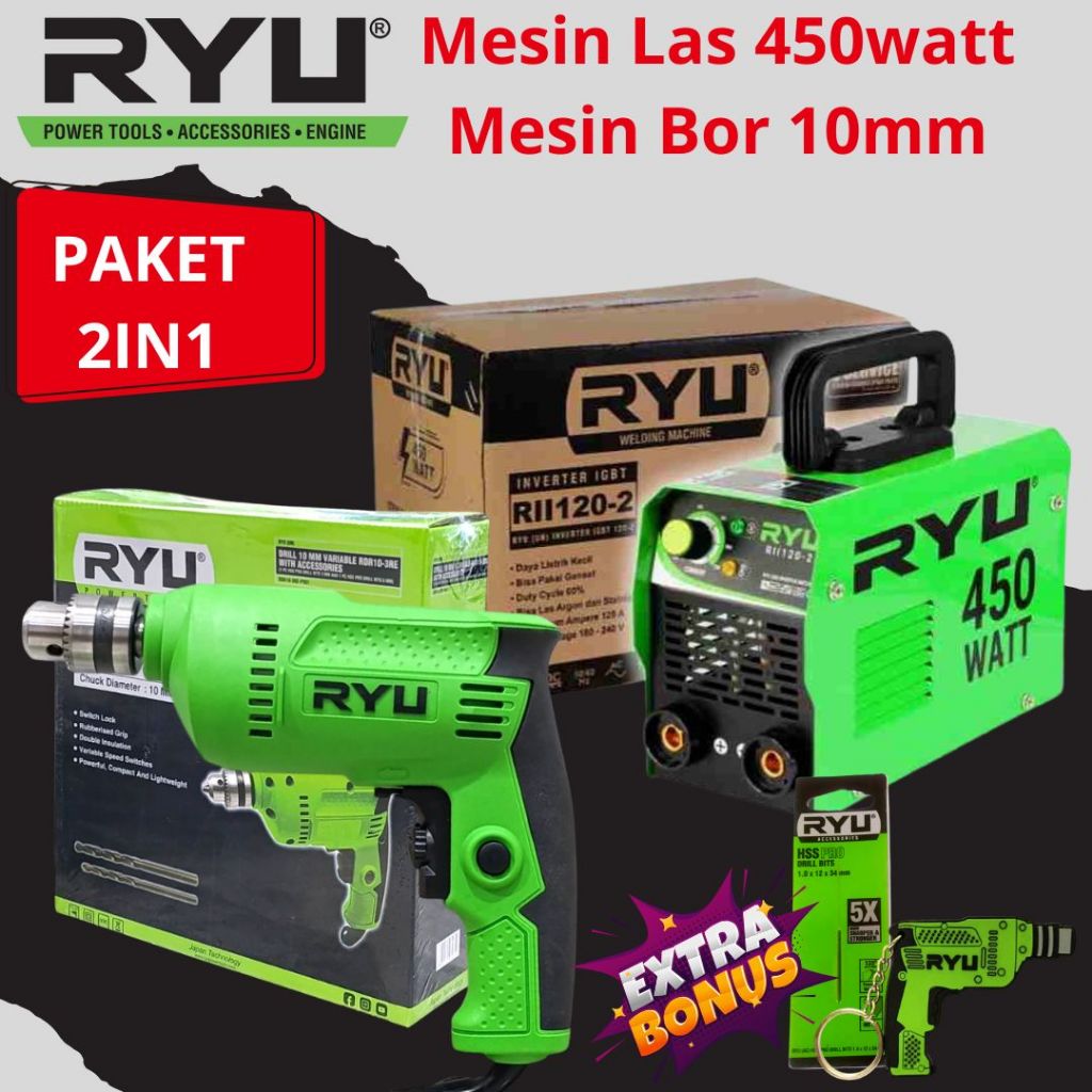 PAKET RYU 2IN1 Mesin Bor Tangan Listrik 10mm PLUS Mesin Las Listrik 450 Watt Travo Trafo Las