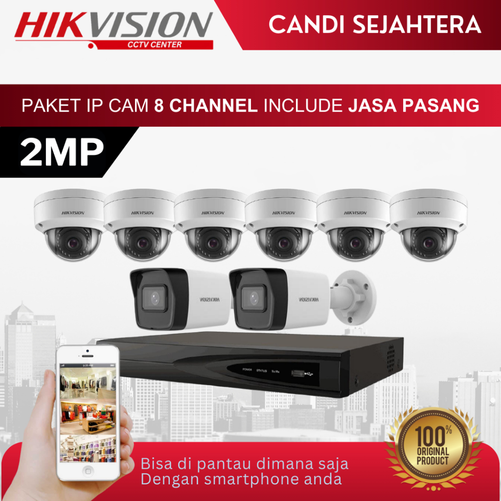 PAKET CCTV IP CAM HIKVISION 2MP 8 KAMERA + INSTALASI & ONLINE DI HP