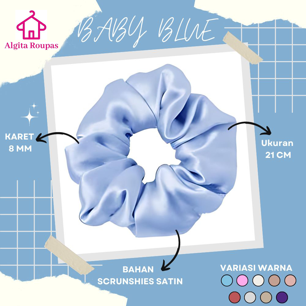 Scrunchie Ikat Rambut Korea Bahan Satin Elastis Untuk Cepol Hijab Baby Blue Polos