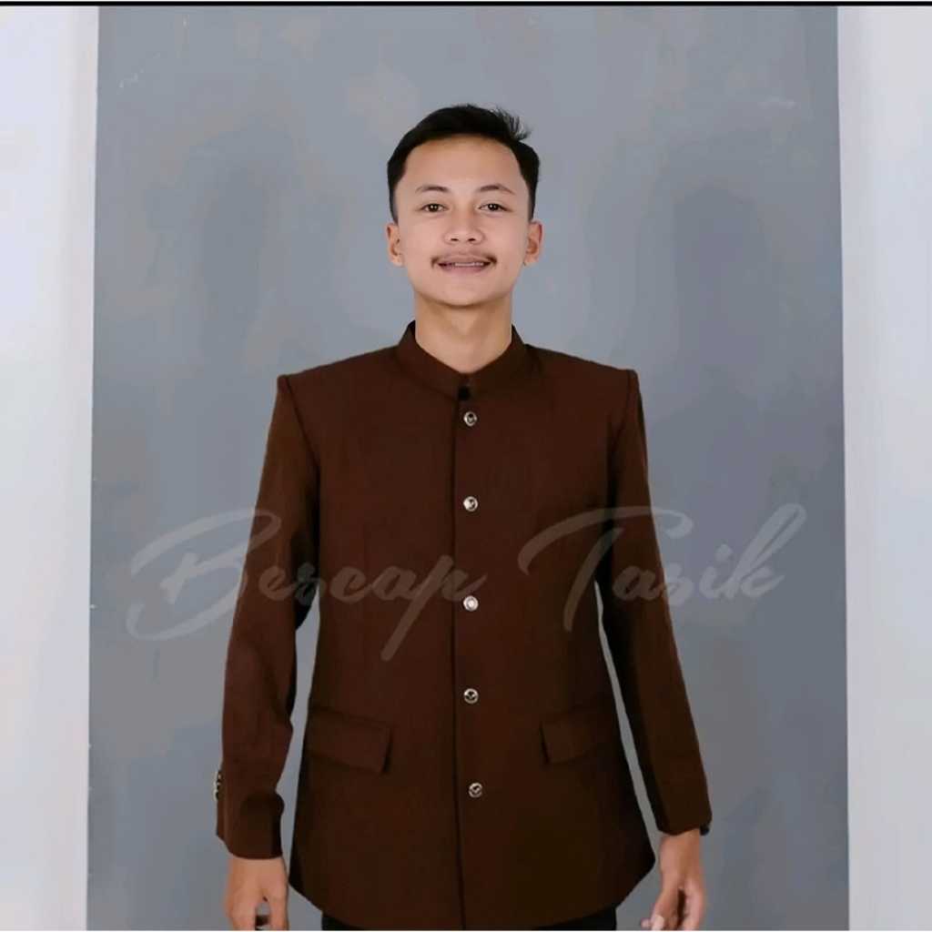 Jas Koko Terbaru  Warna Coklat Tua Polos Model Saku Jas Atasan Muslim Pria Jas Koko Bescap Tasik Jas