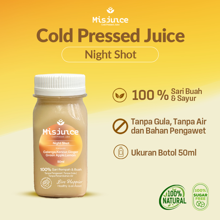 

Night Shot - Cold Pressed Juice 50ml | Galanga, Kencur, Jahe, Apel Hijau, Lemon | 100% Alami Tanpa Gula