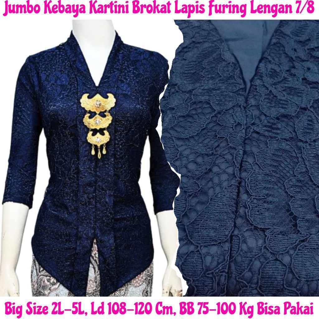 Kebaya Modern Kebaya Kartini Brokat Lapis Furing Katun Big Size Jumbo Biru Navy Lengan 7/8