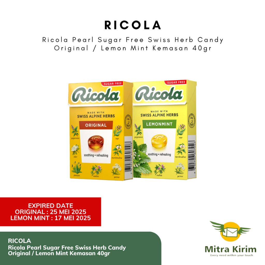 

Ricola Pearl Swiss Herb Candy Sugar Free Original / Lemon Mint Kemasan 40gr