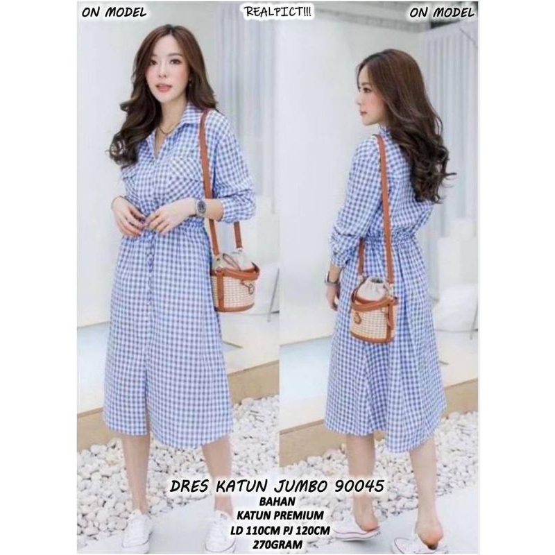 Dres Katun Jumbo 90045 Biru - Bahan Katun Premium - Casual, Jeans, Terusan, Baju, Wanita, Kotak, Gau