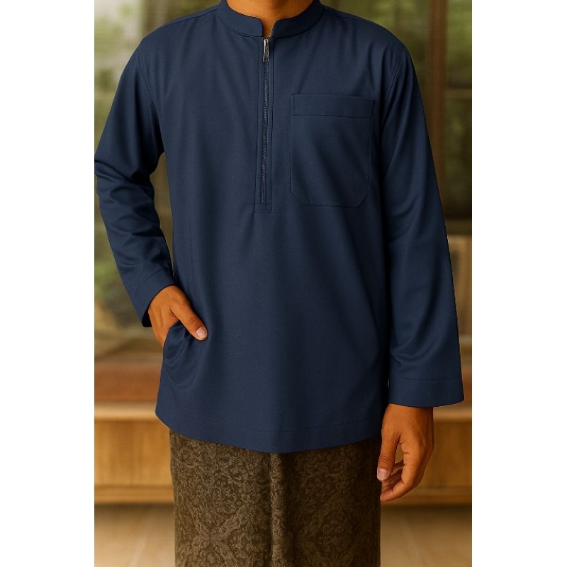 Al Zein Baju Koko Pria Saudi navy Katun Toyobo Fodu, Saku Depan & Samping Kanan Kiri, Resleting Depa