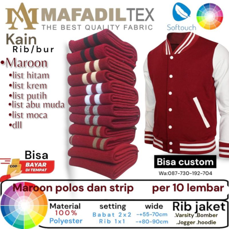 Kain RIB bur rajut 1x1 warna maroon polos dan salur polyster per 10 lembar tebal premium