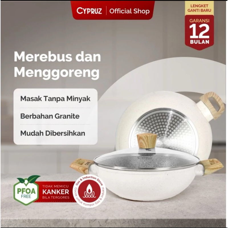 Cypruz White Granite | Grey Marble Wok pan Wajan + Tutup Kaca