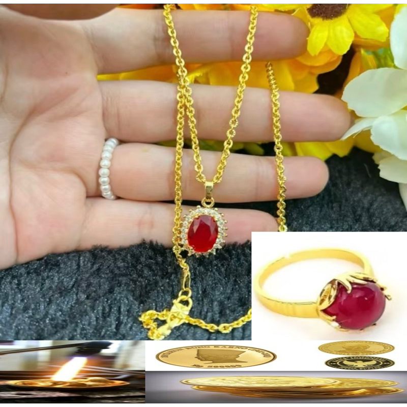 Kalung permata merah free cincin permata merah terbuat dari bahan koin asli