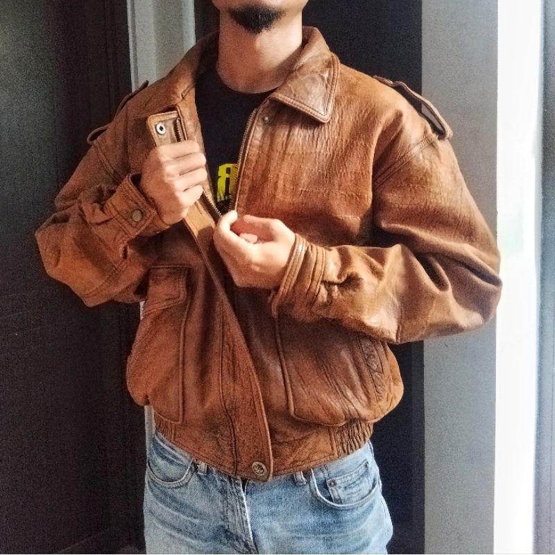 Rustic Vintage Flight Leather Jacket - Jaket Kulit Asli Pilot Flight Coklat Pria Second Preloved
