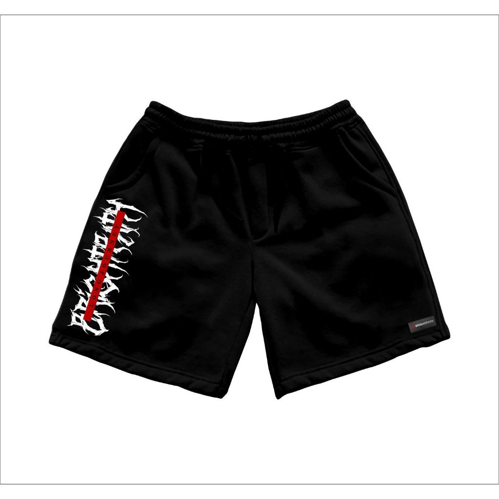 BRIGHTPATH - Celana Pendek Pria Metal Short Pants Black Matt Fleece Printing Lembut Distro Hitam San