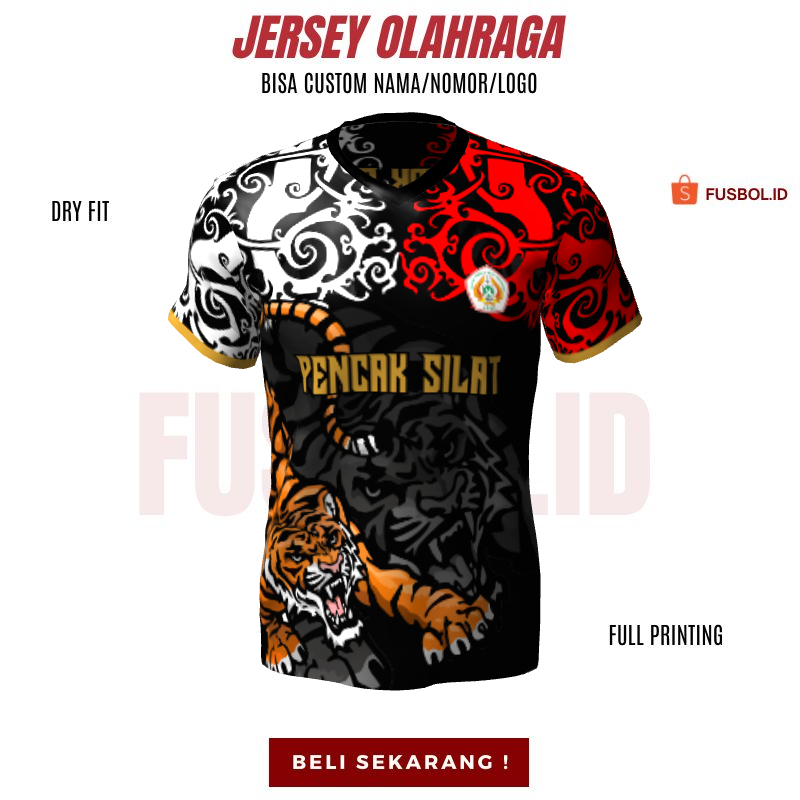Kaos Jersey Pencak Silat Hitam Merah Putih Motif Batik Harimau 8 - Jersey Baju Beladiri Custom Full 