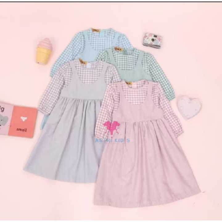 Baju gamis anak kombin bahan kotak kotak untuk anak usia 3-8 thn