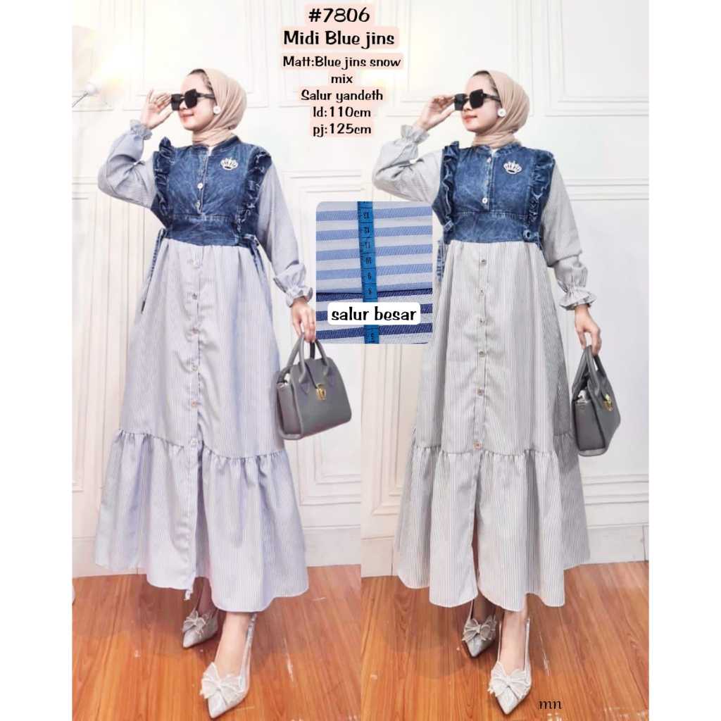 Midi Dress Blue Jeans Snow Wash with Stripe Salur Yandeth Fabric
