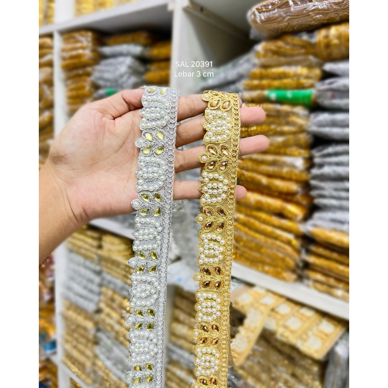 DIJUAL PER METER - Renda Permata India SAL 20391– Lbr 3 cm - Renda Mewah Kebaya & Baju Adat