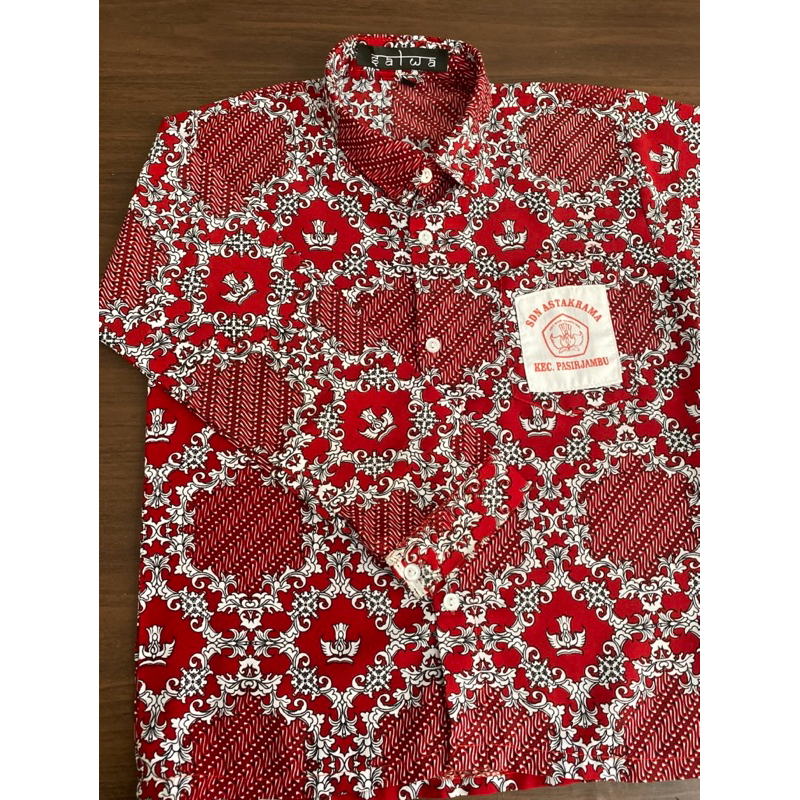 Batik Sekolah Sd Negeri kelas 1- 6 Motif merah lereng baju seragam sekolah kemeja anak laki laki dan