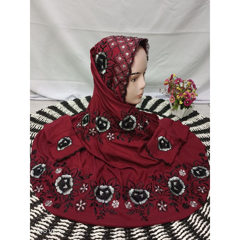 Mukena dewasa lajuran / terusan bordir kudus warna maroon