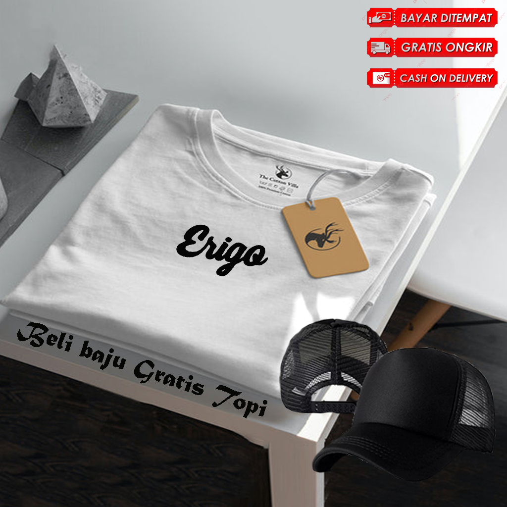 Bonus Topi Polos ... Baju Kaos Distro Logo Erigo Text Hitam Lengan Pendek Premium Quality