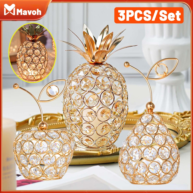3PCS/Set Crystal Nanas Pear Apple Pajangan Mewah Ornamen Kristal Buah Ornamen Hias Kristal Emas Perh