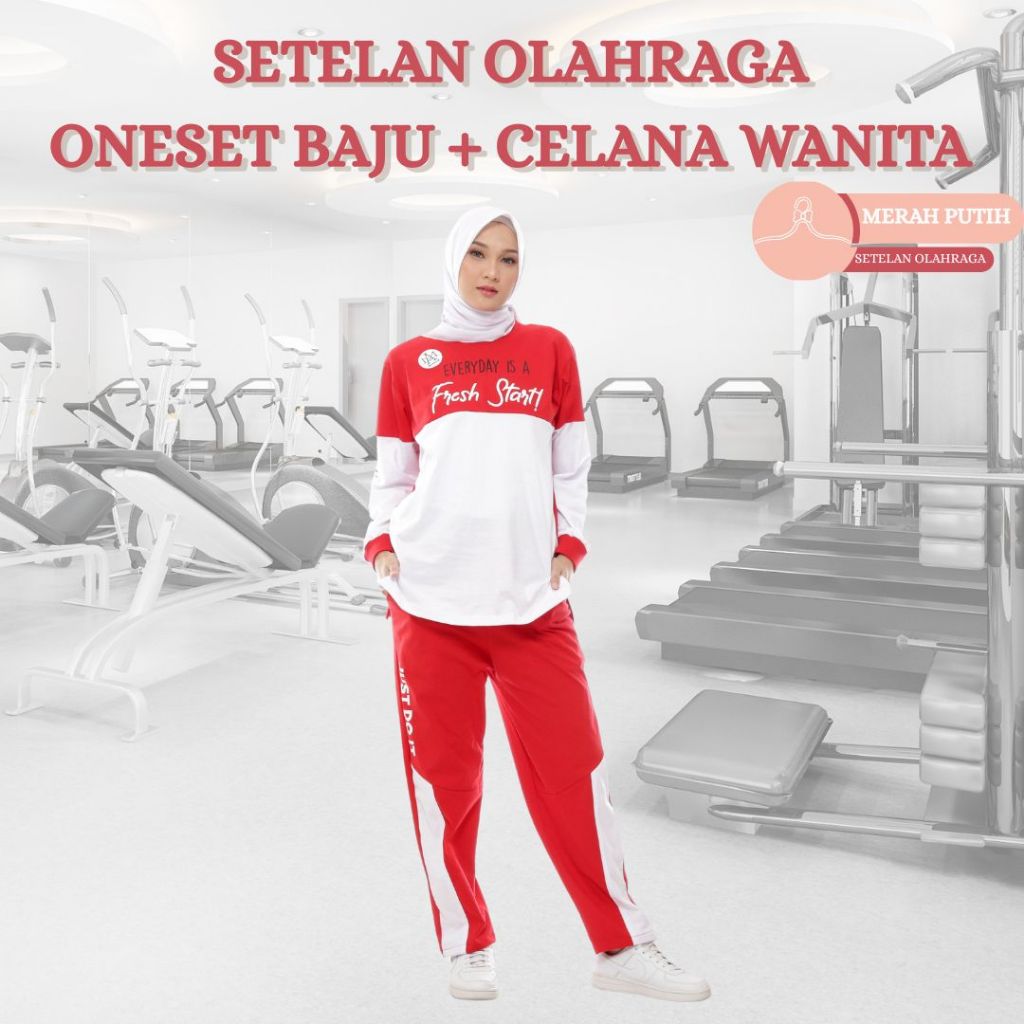 Setelan Baju Olahraga Wanita Muslimah One Set Sporty Running Jumbo Merah Putih - Set