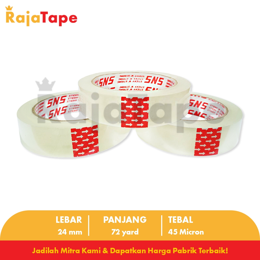 

KHUSUS SAMEDAY / INSTANT (1 Karton) Isolasi / Solatip Bening 24 Mm x 72 Yard x 45 Mic Sticky N Strong (SNS)
