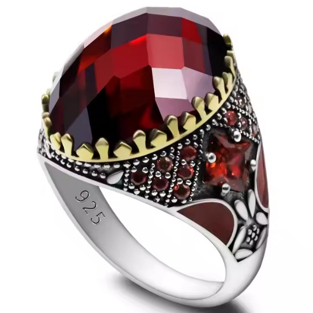 Cincin asli Perak 925 Silver Classic Red Zircon Natural Green Agate Turkey Desain