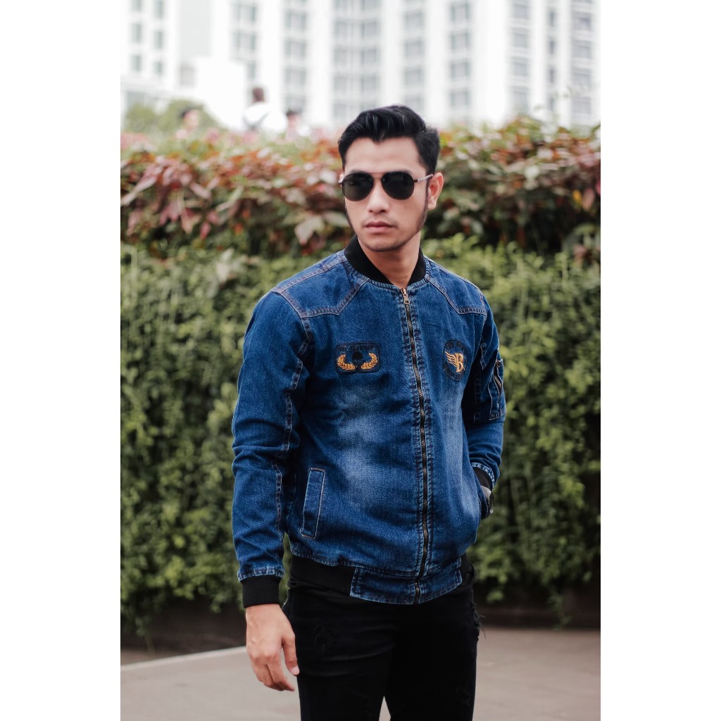 Jaket Bomber Jeans Pria Termurah Logo B Bordir Denim Bajatex Premium The Bery Size M L XL Arunika