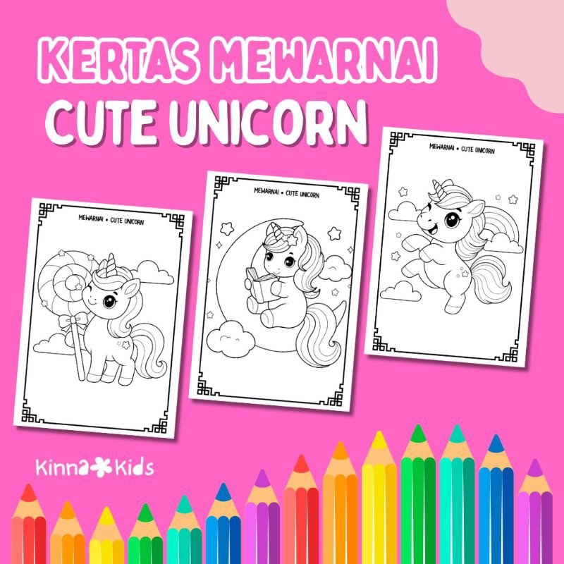 12 Lembar Kertas Mewarnai Unicorn | Lembar Mewarnai Tema Unicorn | Worksheet Anak Mewarnai | Buku Me
