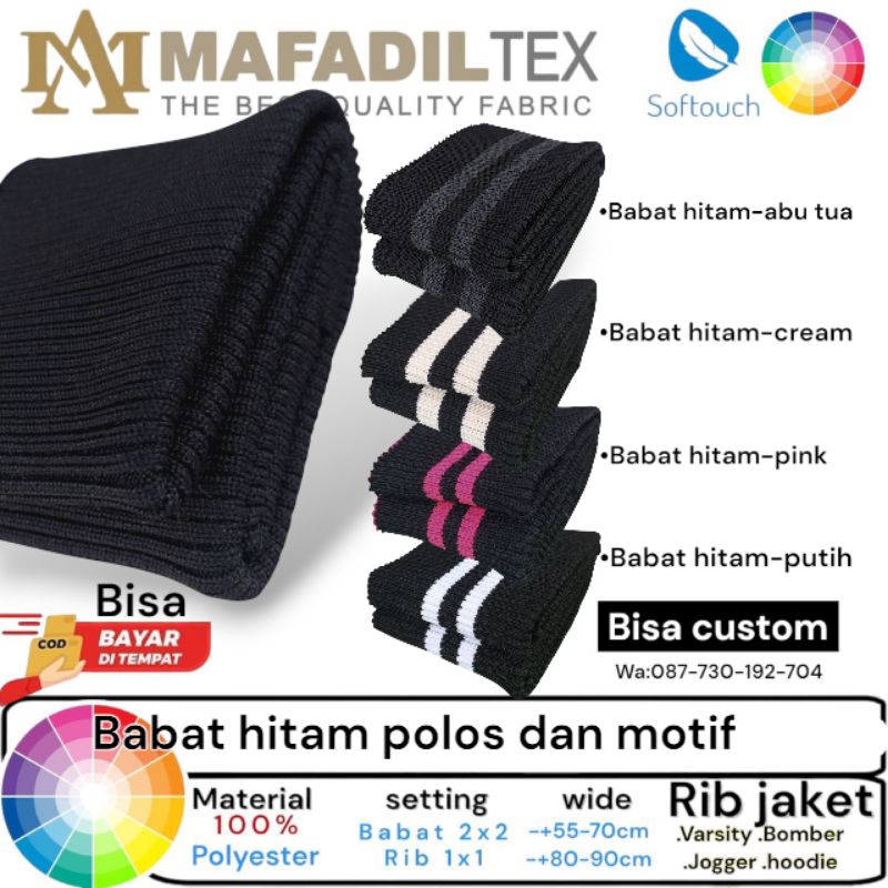 kain Rib babat warna hitam polos dan salur polyster premium